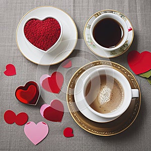 Valentine's day tea set with cup of coffee, couple red hearts and greeting card