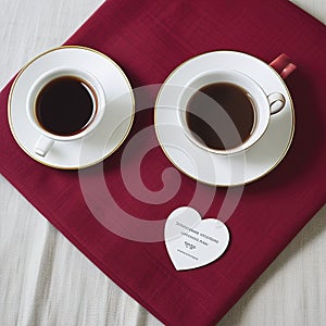 Valentine\'s day tea set with cup of coffee, couple red hearts and greeting card
