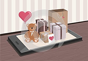 Valentine`s day. Teddy Bear and clorful gifts on phone. Isometric Illustration