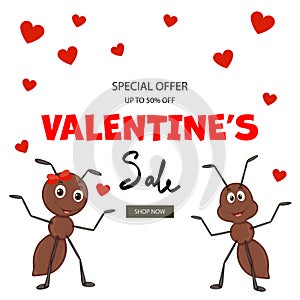 Valentine`s Day template for your text with cute ants. Cartoon style. Vector illustration