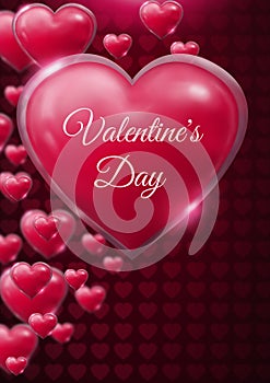 Valentine`s Day text and Shiny bubbly Valentines hearts