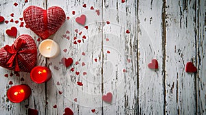 Valentine\'s Day theme with red hearts, candles, and a white wooden backdrop