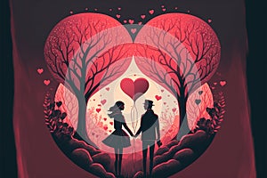 Valentine’s Day theme, romantic young couple in love walking in park, illustration