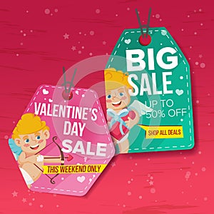 Valentine s Day Theme Sale Tags Vector. Flat Paper Hanging Love Stickers. Cupid. February 14 Discount Hanging Banners