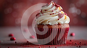 Valentine\'s Day themed red velvet cupcake with cream cheese frosting and heart-shaped sprinkles