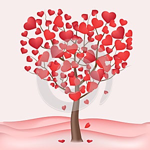 Valentine`s Day tree. Red hearts.