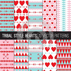 Valentine`s Day Tribal Style Hearts and Arrows Seamless Vector Patterns