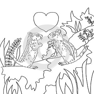 Valentine`s Day, two enamored chipmunks, coloring, black and white drawing