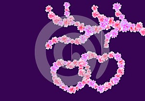 Valentine s Day. Two Heart of pink flowers Sakura, Cherry Blossoms on a branch of flowers. illustration