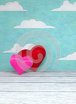 Valentine`s Day two hearts on painted sky background