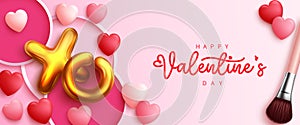 Valentine`s day vector background design. Happy valentines day text in girly pink decoration with hearts and make up brush element