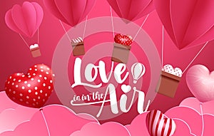 Valentine`s day  vector background design. Love is in the air text with heart balloon and hearts hot air balloon paper cut element