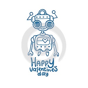 Valentine`s day vector card with cute cartoon robot.