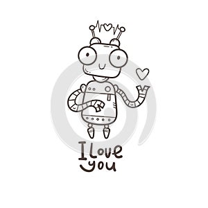 Valentine`s day vector card with cute cartoon robot. Cheerful character in love.
