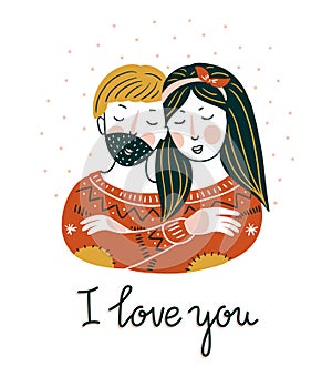 Valentine`S Day vector card. Lovely girl and boy embrace in scandinavian style with lettering - `I love you`.