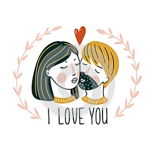 Valentine`s day vector card. Lovely girl and boy kiss in scandinavian style with lettering - `I love you`.