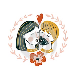Valentine`S Day vector card. Lovely girl and boy kiss in scandinavian style. Love print for t-shirt.