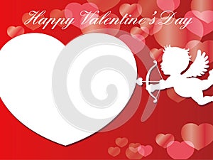 Valentine`s Day vector card template with a white cupid flying toward a white heart shape.