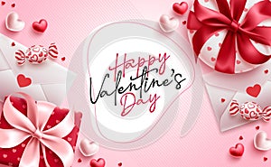 Valentine`s day vector design background. Happy valentine`s day text with gift boxes and love letter elements.