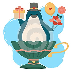 Valentine\'s Day vector greeting card with adorable kawaii penguin bird in cup