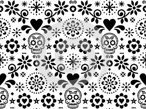 Valentine`s Day vector greeting card - love, Mexican folk art pattern with flowers, hearts and abstract shapes, wedding invitation