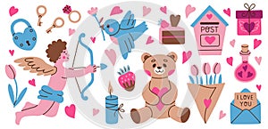 Valentine's day vector hand drawn elements set. Gift, heart, dessert, floral bouquets, candy, bear and other