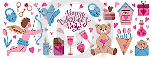 Valentine's day vector hand drawn elements set. Gift, heart, dessert, floral bouquets, candy and handwritten