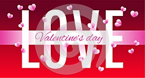 Valentine`s day. Vector illustration. 3d pink paper hearts with word love. Cute love sale banner or greeting card on isolated red