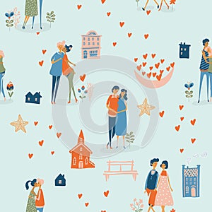 Valentine`s Day vector seamless pattern with cute couple. Boyfriend and girlfriend are in love. Light background