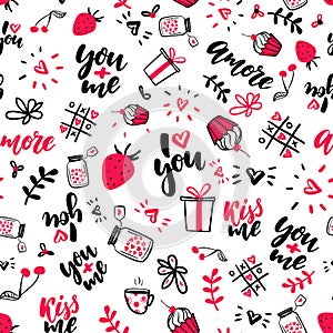 Valentine s Day vector seamless pattern. Isolated Artistic doodle drawings, lettering, love quotes.