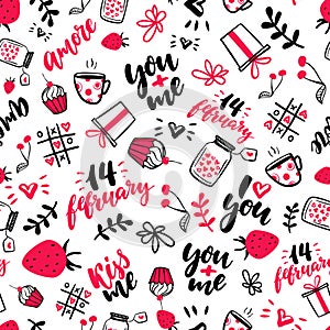 Valentine s Day vector seamless pattern. Isolated Artistic doodle drawings, lettering, love quotes.