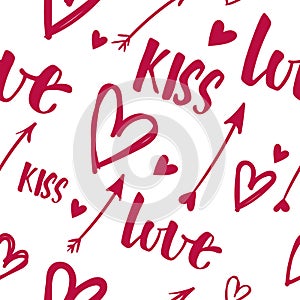 Valentine`s Day vector seamless pattern with words: love, kiss; photo