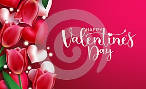Valentine`s day vector template design. Happy valentines typography text with tulips and hearts elements in red space for love.