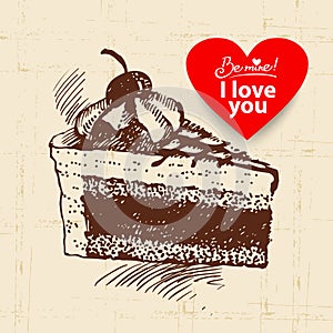 Valentine`s Day vintage background. Hand drawn illustration with heart. Cake