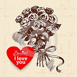 Valentine`s Day vintage background. Hand drawn illustration with heart. Rose bouquet
