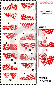 Valentine's Day visual puzzle - match the halves - hearts