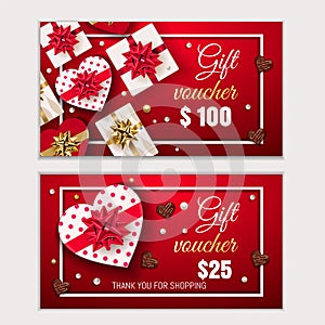 Valentine`s day Voucher, Gift certificate, Coupon template with frame, bow, ribbons, present in heart shape and pearl