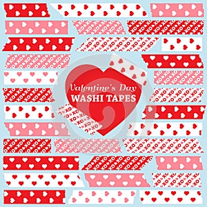 Valentine`s Day Washi Tape Strips in Pink, Red and White Hearts and XO Patterns