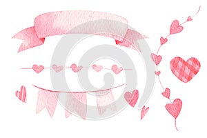 Valentine's day watercolor elements on white background. Ribbon for text, garland of colorful hearts for the design of