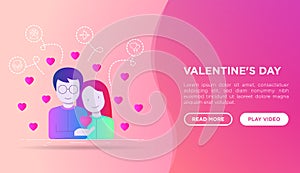 Valentines day web page template: couple in love and hearts around. Modern vector illustration in gradient flat style