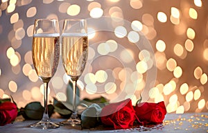 Valentine's Day, wedding, birthday celebration holiday greeting card banner concept - Clinking glasses, sparkling wine