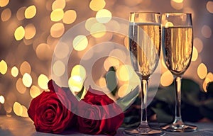 Valentine's Day, wedding, birthday celebration holiday greeting card banner concept - Clinking glasses, sparkling wine