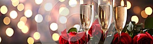 Valentine's Day, wedding, birthday celebration holiday greeting card banner concept - Clinking glasses, sparkling wine