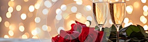 Valentine's Day, wedding, birthday celebration holiday greeting card banner concept - Clinking glasses, sparkling wine