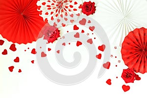 Valentine`s day, wedding party background with red hearts ,roses and party decorations. Top view.