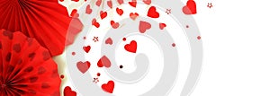 Valentine`s day, wedding party background with red hearts ,roses and party decorations. Top view.