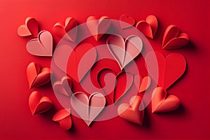 Valentine\'s day or Wedding romantic concept. Red hearts on red background.Top view, flat lay, embossed