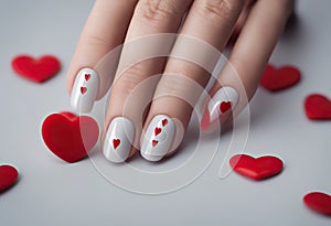 Valentine\'s Day white gel Beauty polish red nails two manicure concept hands sp isolated hearts gray long background minimal