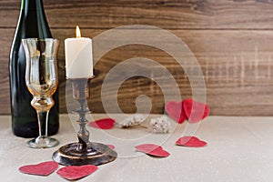 Valentine`s Day. wine, candles, small heart