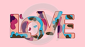 Valentine s Day. Word love cut out of paper on a pink background. illustration